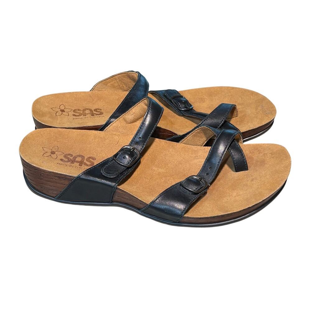 SAS Shelly Brown & Black Toe Loop Leather Sandal Slides Shoes Size 8 Wide